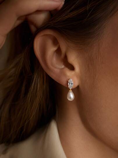 1 Pair French Vintage Stainless Steel 18K Gold Plated Marquise CZ Teardrop Pearl Stud Earrings For Women Wedding