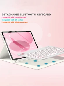 Funda con teclado con lazo rosa, funda con teclado inalámbrico Bluetooth desmontable (150mAh) con ranura para bolígrafo (curvado) y estuche protector del teclado compatible con Samsung Galaxy Tab Pad SE, regalo de primavera para cumpleaños - Blanco - Ver 4