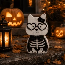 1/2pcs Vintage Distressed Wooden Cat Skeleton Decor, Farmhouse Style Halloween Tabletop Ornament, Suitable For Tiered Trays, Fireplace Mantels And Indoor Party Scenes - Multicolor - View 10