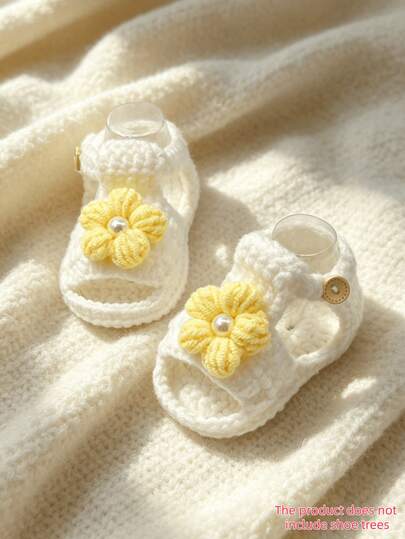 1 Pair Infant Girl Sandals, White Crochet Knit With Flower Pearl Embellishment, Soft Sole Infant Shoes