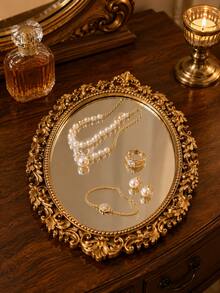 Vintage Gold Oval Mirror Jewelry Tray, Baroque Carved Vanity Storage Box, Suitable For Rings, Earrings, Necklaces And Bracelets - Premium Mirror Storage - View 4