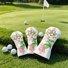 Lily Flower Embroidered Golf Club Head Cover, Wear-Resistant Waterproof PU Fabric, Wood Club Head Protective Cover, Golf Accessories - White - View 3