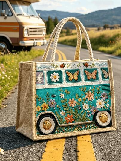 New Summer Floral Bus Pattern Tote Bag | Women's Storage Bag | Makeup Bag | Reusable Handle Storage Bag | Luggage Organizer | Women's Handbag | Outdoor Leisure Storage Bag | Durable Zipper Design | Suitable For Storing Travel Supplies, Beach And Pool Gear, Dirty Clothes And Yoga Sports Wear | Dorm And College Student Essentials | Home Life Essentials | Perfect Gift For Friends, Family And Loved Ones | Travel Essentials