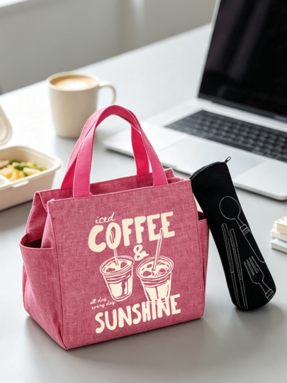 Bolsa de Almoço com Estampa de Letra "Coffee", Bolsa Térmica para Marmita, Bolsa Bento de Grande Capacidade para Trabalhadores de Escritório e Estudantes, À Prova d'Água e Resistente a Óleo, com Estampa Fofa de Gato Preto, Espaço de Armazenamento 3D de Grande Capacidade, Alça Ajustável, Bolsos Laterais, Adequada para Camping ao Ar Livre, Viagens Curtas, Deslocamento Diário, Amantes de Gatos, Estudantes, Professores, Trabalhadores de Escritório, Presente Prático para o Dia das Mães, Aniversário, Viagem, Volta às Aulas