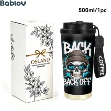 1/5pcs 18oz Stainless Steel Coffee Tumbler, Street Graffiti Skull BACK OFF Cool Punk Print Travel Mug, Multi-Function Flip Straw Lid, Black COFFEE Lanyard Strap, Ideal Gift For Street Art Punk Tattoo Fans, Suitable For Bar Skate Park Party Daily - Skeleton - View 4