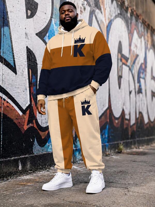 Men's Street Casual Minimalist Series "Color Block Plaid And Crown K" Plus Size Hoodie Sweatshirt Set Spring Autumn Winter Sports 2-Piece Set - Ins Style Loose Fit Plus Size Comfortable Loose Style Hoodie + Jogger Pants Street Hip-Hop Versatile