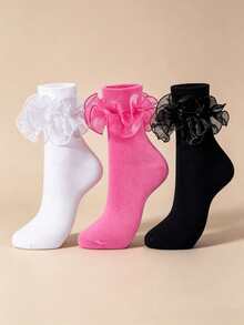 1/3 Pairs Women's Socks With Pleated Cuffs And Double Lace - Multicolor - View 13
