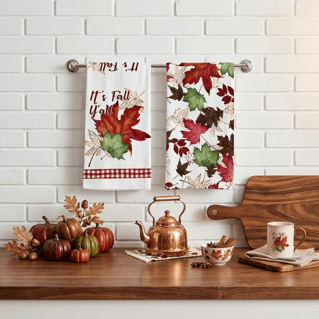 2/4/48pcs Autumn Series Maple Leaf Plaid Pattern Printed Kitchen Towels - Super Soft, Highly Absorbent Polyester Dish And Hand Towels, Perfect For Holiday Decor, Kitchen Decor, Party Decor