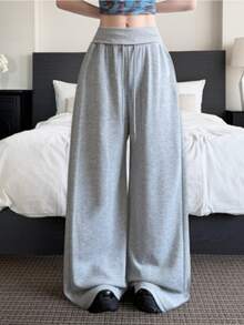Celana Panjang Wanita Pinggang Tinggi Kaki Lebar Tali Serut Longgar, Celana Panjang Kasual Santai Warna Abu-abu, Musim Semi - Light Grey - View 3