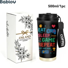 1/5pcs 18oz Stainless Steel Vacuum Insulated Coffee Tumbler, Pixel Game Controller Print Travel Mug, EAT SLEEP GAME REPEAT Funny Gamer Gift Cup With Carry Lanyard, Gift For Video Game Lovers Gamers Boys Men - Game - View 4