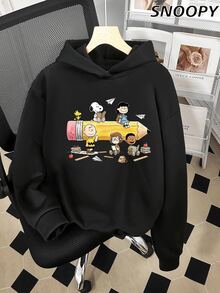Cute Snoopy Pencil Print Top For Autumn And Winter; Long-Sleeved Hooded Sweatshirt With Fleece Lining - Black - View 1