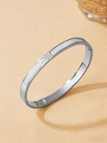 5PCS/1PC Stainless Steel Bracelet, Roman Numeral & White Shell Inlaid & Rhinestone Bracelet, Stackable Jewelry Gift For Women - Silver - View 4