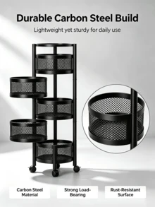 1PC 5-Tier Rotatable Carbon Steel Rolling Storage Cart With Wheels, No Assembly Lazy Susan Organizer Shelf, Lightweight Sturdy Multi-Layer Trolley For Kitchen Bathroom Office, US Warehouse Fast Shipping - Black - View 5