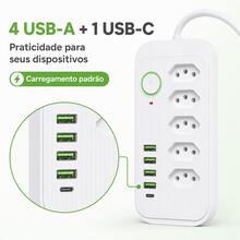 Régua de Tomadas com 5 Entradas 4 USB + 1 USB-C Cabo 1,9m Bivolt com Interruptor Branca - Entrada do Brasil (220V) - Visão 5