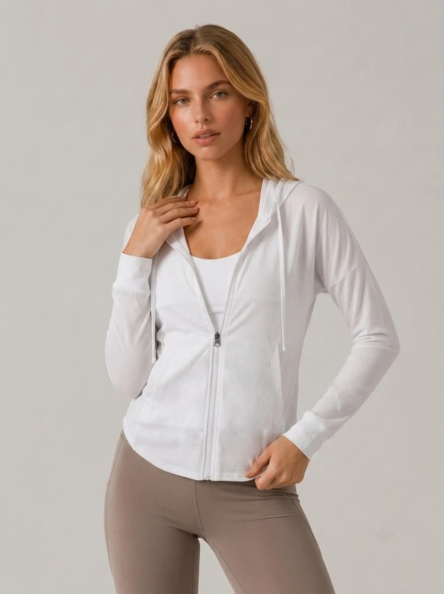 Never me Jaket lengan panjang wanita, untuk lari di luar ruangan, olahraga, kebugaran, mantel berkerudung dengan resleting, pakaian olahraga yoga yang pas di badan. - Putih - View 1
