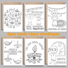 6組 DIY 線條藝術便箋卡附牛皮紙信封，節慶花環與 Diya 火焰空白慶祝卡，可個性化假期文具 - 查看 3