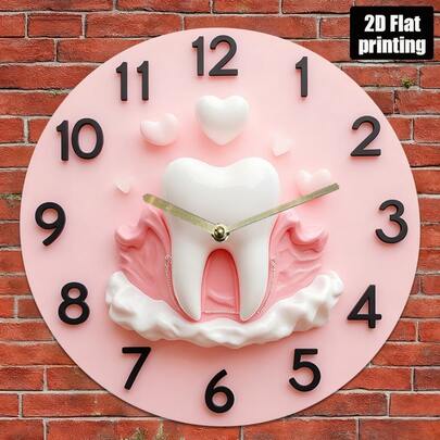 Wooden Wall Clock-1pc Wall Clock With 2D Flat Design, Unique Dental Theme: Pink-Toned Tooth Pattern With Hearts Around The Lips. Suitable For Living Room, Bedroom, Office, And Kitchen Decor. Perfect Romantic Gift For Home Decorati