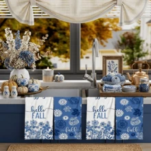 2/4/48pcs Autumn Series Blue Hello Fall Floral Print Kitchen Towels - Ultra Soft, Highly Absorbent Polyester Dish Cloths And Hand Towels, Perfect For Holiday Decor, Kitchen Decor, Party Decor - Multicolor - View 3