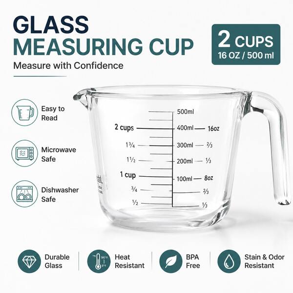 Figmint Glass Measuring Cup 2 Cup 16 Fl Oz Borosilicate Microwave Dishwasher Freezer For Baking Cooking Liquid Ingredients