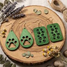 5 Pairs/Sets, Paw Print Heart Water Drop Hollow Wooden Carved Earrings For Women, Bohemian Natural Cute Style, Daily Casual All-Season - Multicolor - View 2