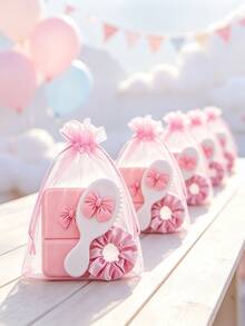1/6/12sets-Girl's Sweet Bow Style Party Favors: Includes Portable Makeup Mirror, Mini Hair Comb, Hair Scrunchie, Organza Gift Bag - Suitable As Thank You Gifts Or Baby Shower Party Supplies (Basic Bow, Pink) - Multicolor - View 8