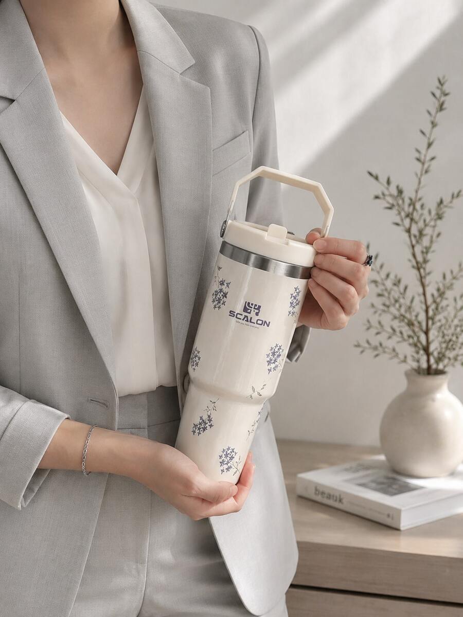 SCALON 30oz/900ML 1PC Large Capacity Insulated Tumbler With Handle And Straw, Portable Stainless Steel Vacuum Leak-Proof Drinking Cup, Ice Tumbler, Travel Mug, Stainless Steel Insulated Cold Cup, Coffee Cup, Suitable For Travel, School, Office, Outdoor, Gym, Home And Other Occasions, Gift For Friends, Family, Holiday Gift, Birthday Gift (Includes Straw) - Multicolor - View 1