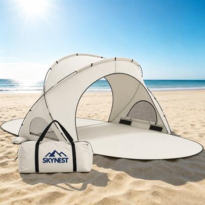 SKYNEST Toldo de Playa Beige – Protección UV UPF 50+ Carpa de Sombra Solar para 3/4/6 Personas. Cuenta con 2 Puertas con Cremallera, Diseño Portátil, Ideal para Camping, Pesca, Actividades Familiares al Aire Libre y Picnics. Bolsa de Transporte Incluida.