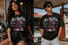 Unisex Oversized Black Vintage Washed-Effect T-Shirt, Featuring "Ars Goetia" Text And A Hidden Magic Book Print Depicting Forbidden Spells, Designed - 黑色 - 查看 1