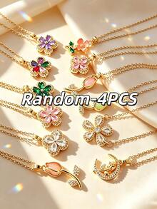 4/6/8/10pcs French Elegant Style Multi-Element Series Floral Pendant Stainless Steel Women's Jewelry Set Suitable For Daily Wear/Party/Commute/Business/Holiday Gift - Yellow Gold - View 10