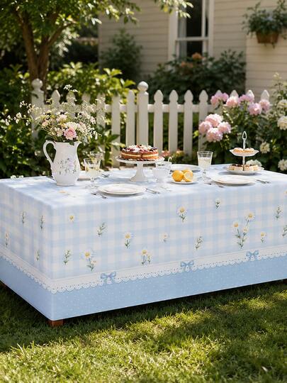 Blue And White Plaid Daisy Print Semi-Cover Tablecloth, Fresh Country Style Polka Dot Bow Decor, Suitable For Garden Gatherings, Afternoon Tea, Picnic Parties And Daily Dining Room Decor