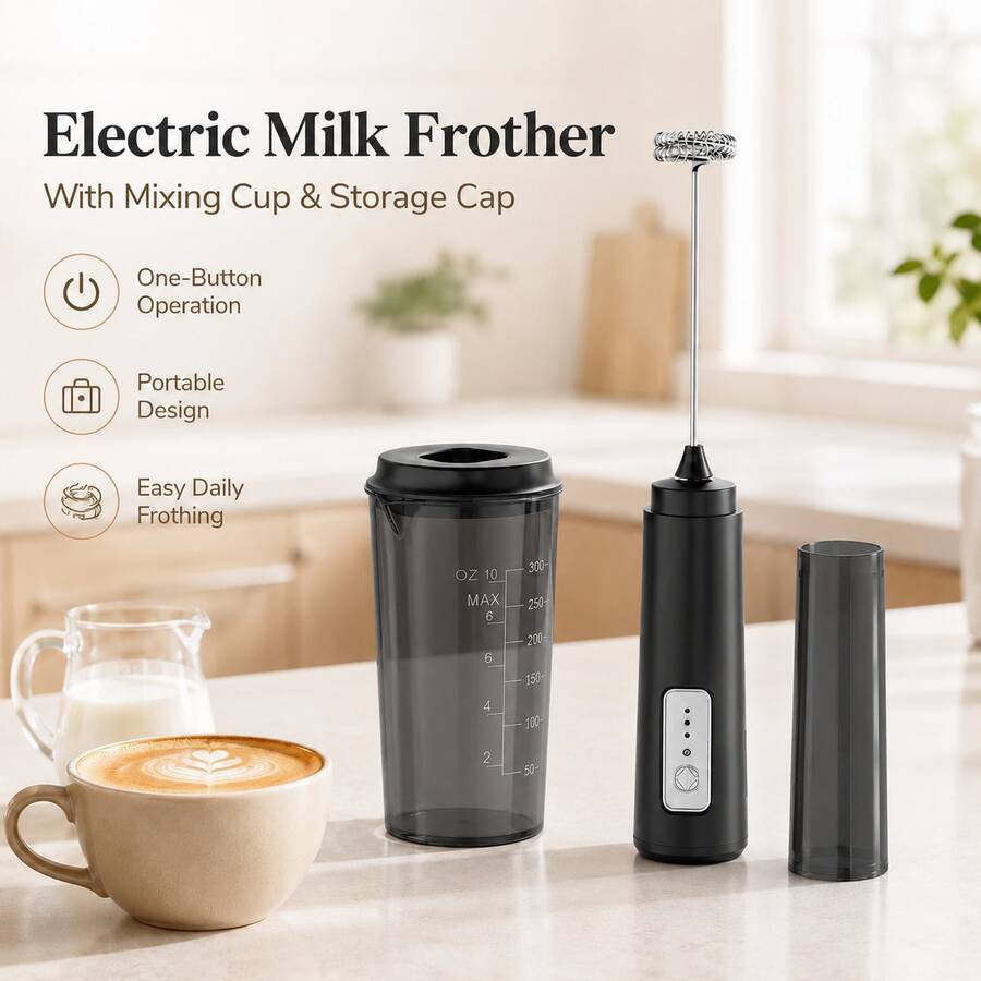 4-In-1 USB Rechargeable Electric Milk Frother, 3-Speed Handheld Milk Frother, 300mAh Battery, With Storage Sleeve, 350ml Measuring Cup And Lid, Suitable For Coffee, Latte, Cappuccino, Baking Mixing - Black - View 1