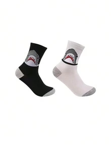 2/3 Pairs Shark Print Colorblock Mid-Calf Socks, Unisex Retro Patchwork Breathable Socks, Street Skateboard Versatile Student Slouch Socks - Multicolor - View 2