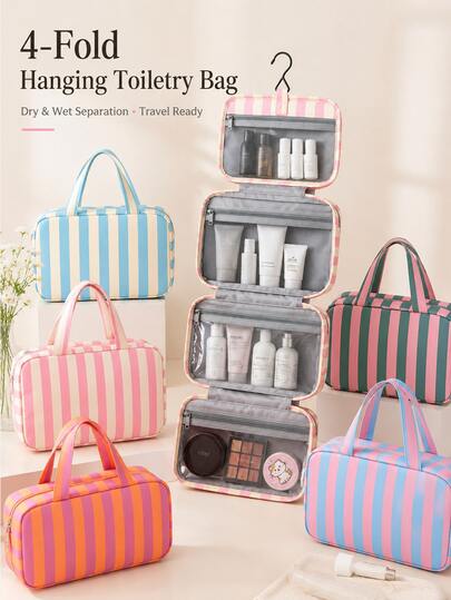 1pc Multi-Functional 4-Fold Hanging Toiletry & Makeup Bag, Large Capacity Travel Cosmetic Organizer With Hook, Portable Wash Bag For Business & Daily Use,Travel Essentials,Dorm Room Essentials College,Home Decor