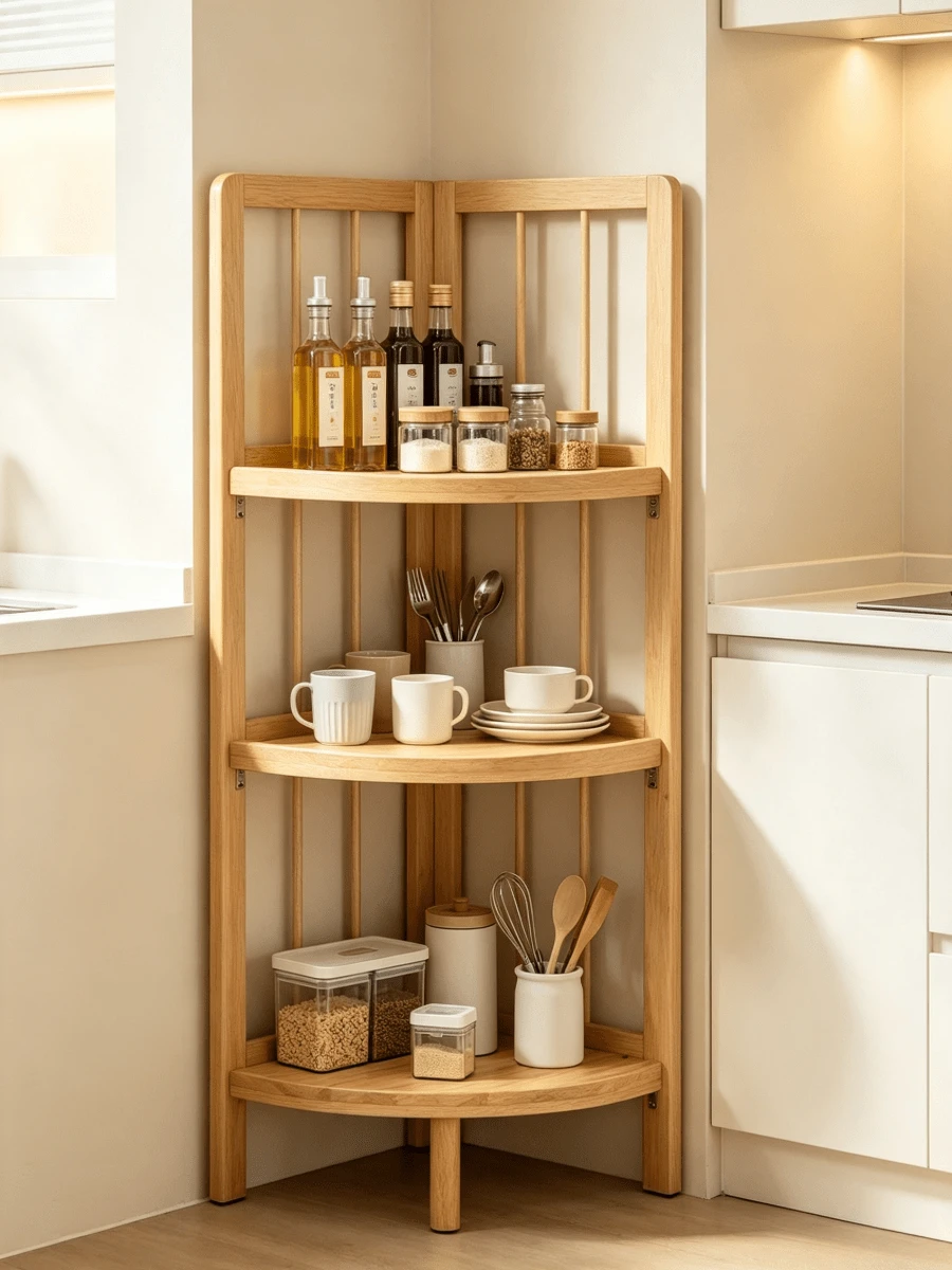 1pc Floor-Standing Curved Corner Solid Wood Shelf, Storage Rack For The Dry Area Of Bathrooms, Multi-Functional Corner Shelf For Small Apartments. - Maple - View 1
