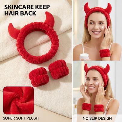 3pcs Solid Color Plush Soft Elastic Devil Horn Headband, Party Halloween And Daily Face Washing Makeup Use Women's Headband, All Season Universal, Unisex, Women's Headwear Hair Accessory Versatile