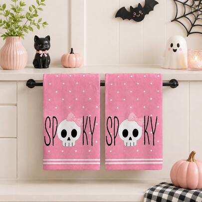 2 buah Handuk Motif Tengkorak Halloween Warna Pink, Handuk Tangan Lucu dengan Pita dan Huruf Menyeramkan, Handuk Dapur Penyerap, Handuk Kamar Mandi, Handuk Teh, Cocok untuk Pesta Halloween, Dekorasi Dapur dan Rumah Saat Liburan, Set Kombinasi 4/6/8