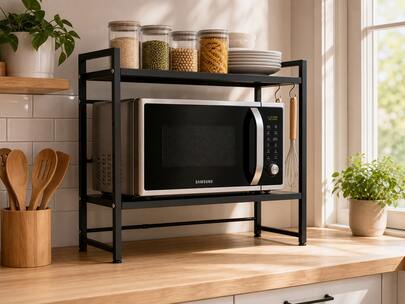 Space-Saving Three-Tier Kitchen Shelf – Extendable And Height-Adjustable Microwave Oven Rack, 30kg Load Capacity, Rust-Resistant Carbon Steel, Suitable For Small Apartments, Dormitories, And Everyday Family Use