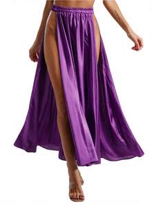 Belly Dance Coin Tassel Mesh Halter Crop Top, Double High Slit Flowy Satin Maxi Skirt, Suitable For Stage Performance And Carnival - Multicolor - View 21