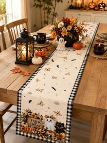 1pc-Trick Or Treat Halloween Linen Table Runner, Cute Ghost Black Cat Pumpkin Floral Bat Printed Table Decor With Buffalo Plaid Border, Farmhouse Fall Runner For Kitchen Dining Party - Multicolor - View 2