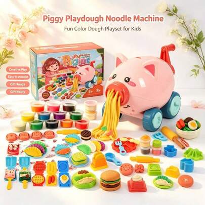 Little Pig Clay Noodle Machine 43pcs Kids DIY Clay Toy, Soft Clay With Various Pasta Molds, Can Make Noodles, Dumplings, Desserts, Suitable For Indoor Tabletop, Parent-Child Home Play, Holiday Parties, Perfect Creative Holiday Gift For 3 Years Old Boys And Girls Birthday, Christmas, New Year