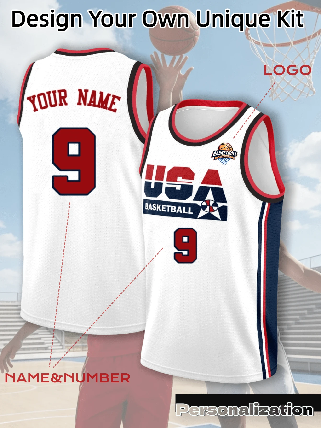 American Retro Customized Basketball Jersey, Classic USA Fan Jersey; Free Printing Of Name, Number And Team Logo, Comfortable And Soft. Unisex Sports - Red and White - View 1