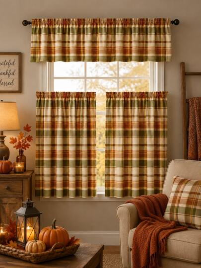 Conjunto de 3 peças de cortinas de cozinha xadrez de outono com padrão às cores laranja, verde azeitona, castanho e creme, 1 bandô + 2 painéis de camadas, cortinas de janela com passante para varão para cozinha, sala de jantar, estilo farmhouse, Ação de Graças, decoração de outono, decoração de quarto e decoração de casa