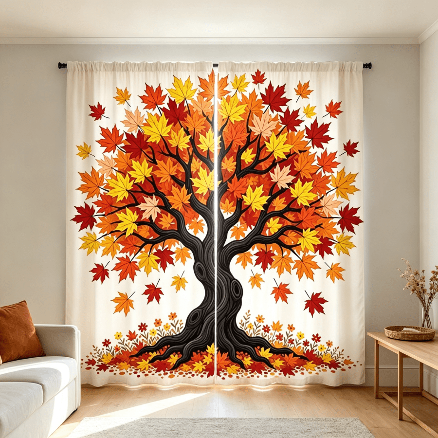 2pcs Maple Leaf Print Curtains, Maple Leaf And Flower Pattern, 2D Flat Print, Translucent, Autumn Pastoral Style Window Decor, Rod Pocket Style, No Lining, Suitable For Bedroom, Living Room, Dining Room, Autumn Decor Curtains, Curtains Only, No Accessories Included