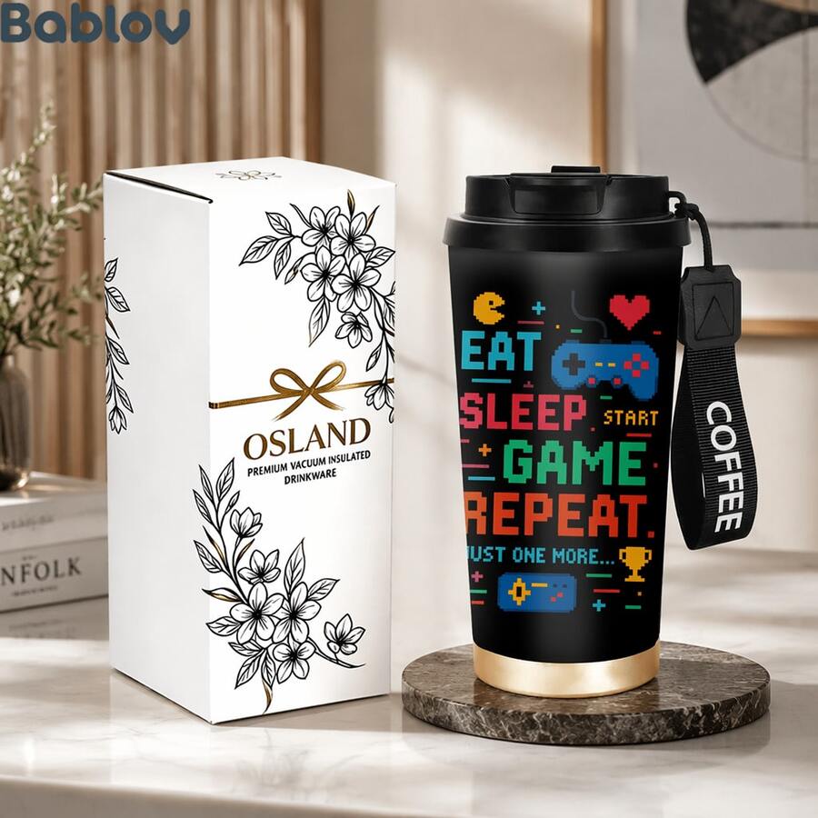 1/5pcs 18oz Stainless Steel Vacuum Insulated Coffee Tumbler, Pixel Game Controller Print Travel Mug, EAT SLEEP GAME REPEAT Funny Gamer Gift Cup With Carry Lanyard, Gift For Video Game Lovers Gamers Boys Men - Game - View 1