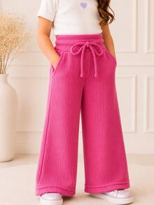 Blogueirinha Children's Wide Leg Pants In Ribbed Cotton Fabric With Pocket, Comfortable And Soft - Rosa Fucsia - Ver 3