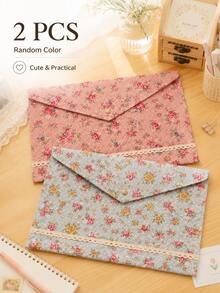 1/2Pcs Random Color Floral Print Fabric File Envelope, Large Capacity Document Storage Folder For Office & Household Paper Bill Organizer - Multiple Styles - View 3