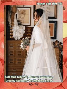 1 Buah Kerudung Pengantin Bertepi Satin, Tulle Lembut, Untuk Pemotretan Pernikahan di Gereja, Aksesori Pengantin Romantis, Dekorasi Pesta Halloween dan Natal - Putih - View 4