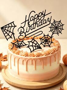 18pcs Black Acrylic Halloween Cake Topper Set, Spider Web Happy Birthday Cake Decoration, Gothic Horror Party Supplies - A - View 3