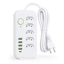 Régua de Tomadas com 5 Entradas 4 USB + 1 USB-C Cabo 1,9m Bivolt com Interruptor Branca - Entrada do Brasil (220V) - Visão 1