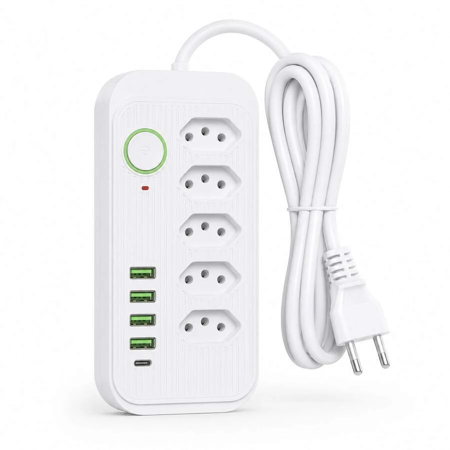 Régua de Tomadas com 5 Entradas 4 USB + 1 USB-C Cabo 1,9m Bivolt com Interruptor Branca - Entrada do Brasil (220V) - Visão 1